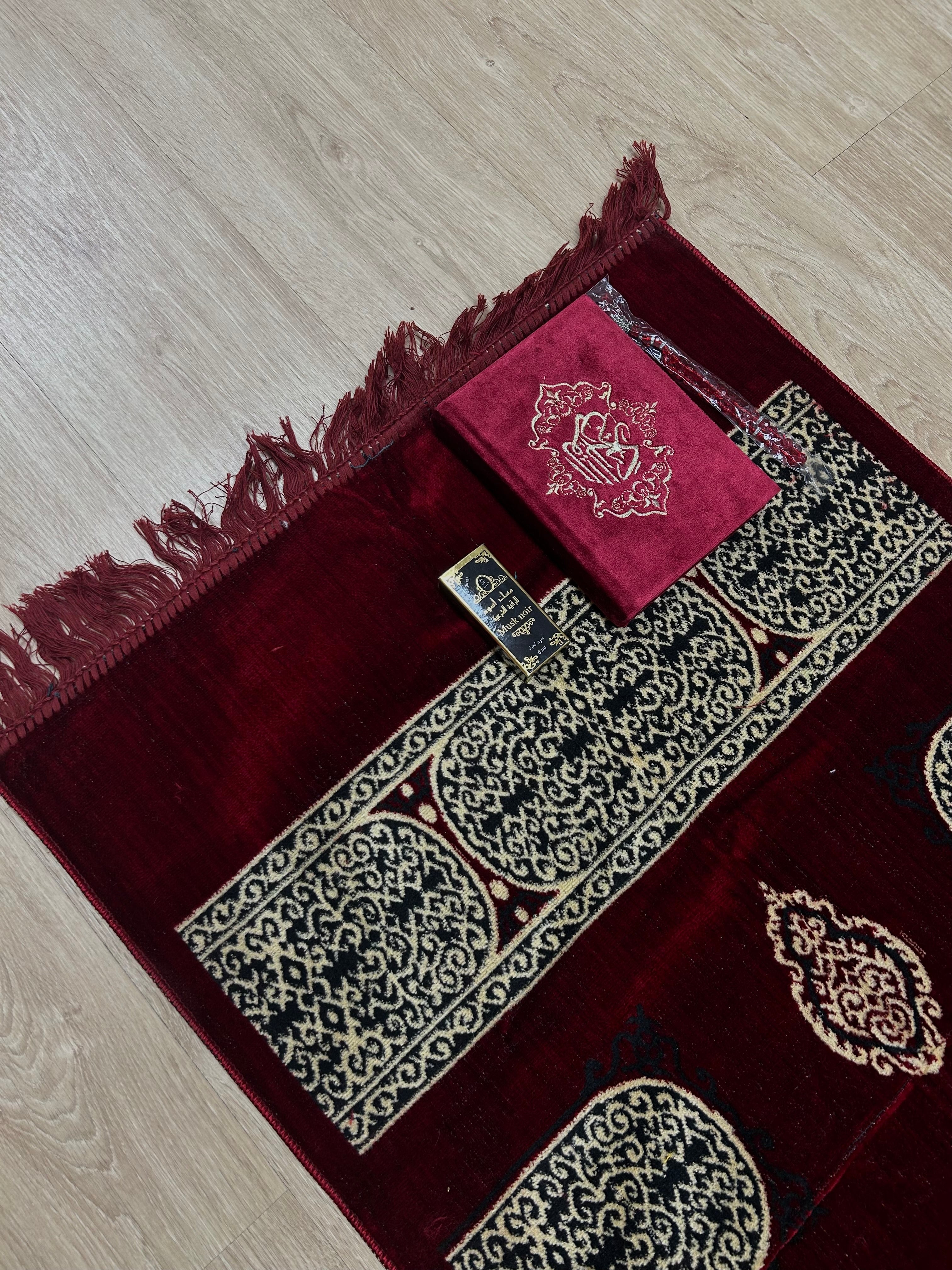 Pack de regalo islámico alfombra de rezo, Corán, tasbih y musk rojo