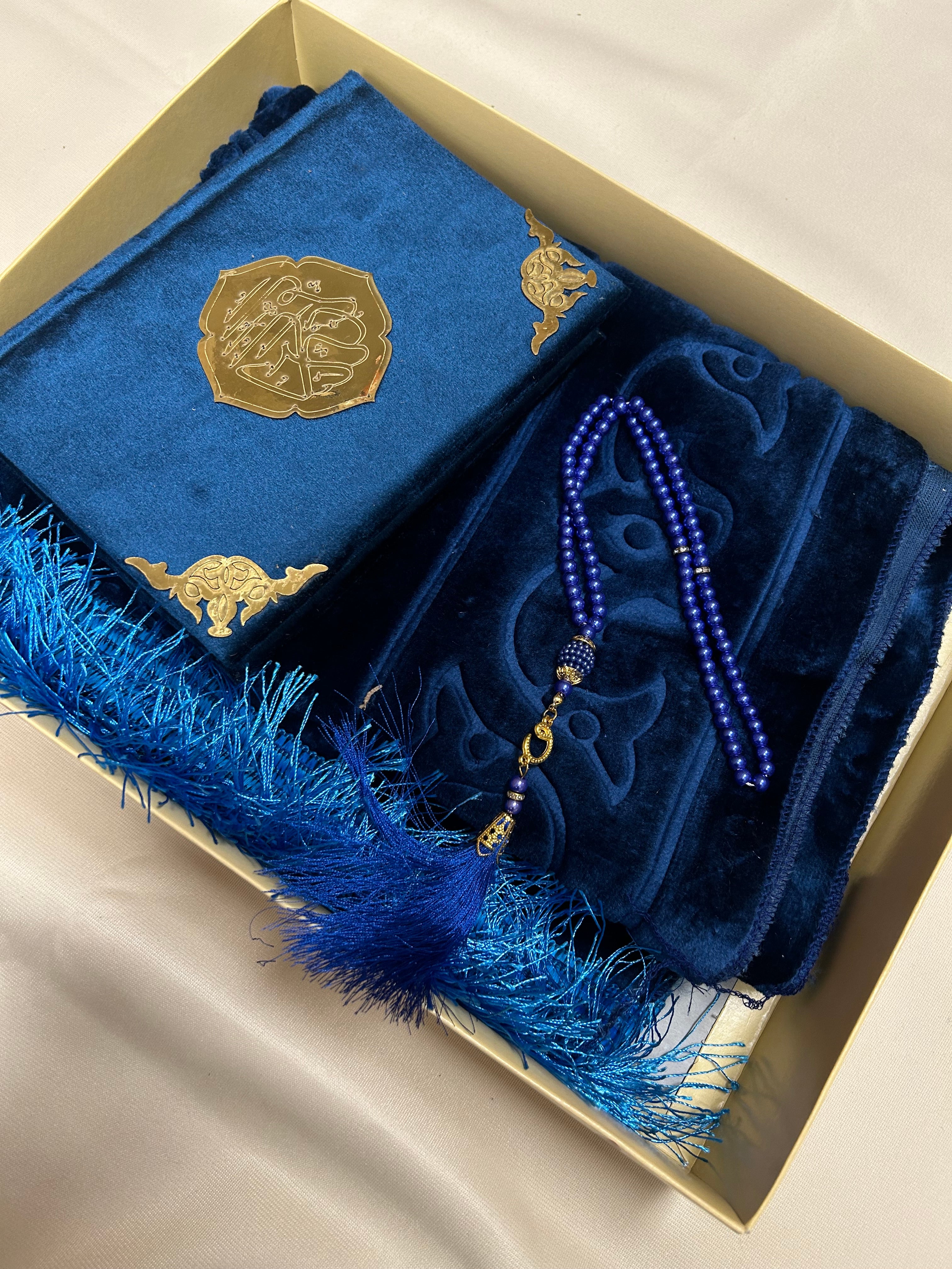 Pack de regalo islámico Corán, alfombra + tasbih azul